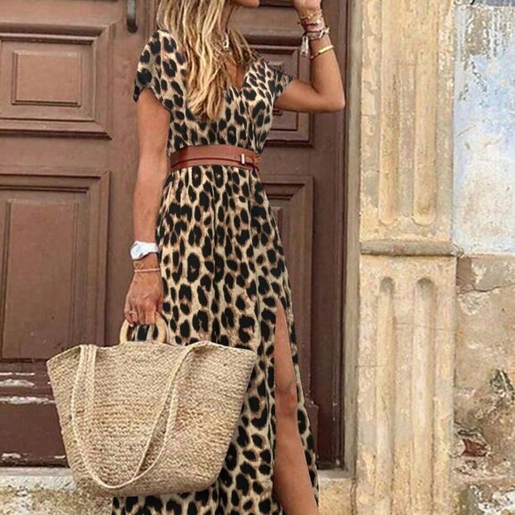 Chocolate Brown Casual Women's Leopard Print Deep V BatwingSleeve Dress - Picture 1 of 5